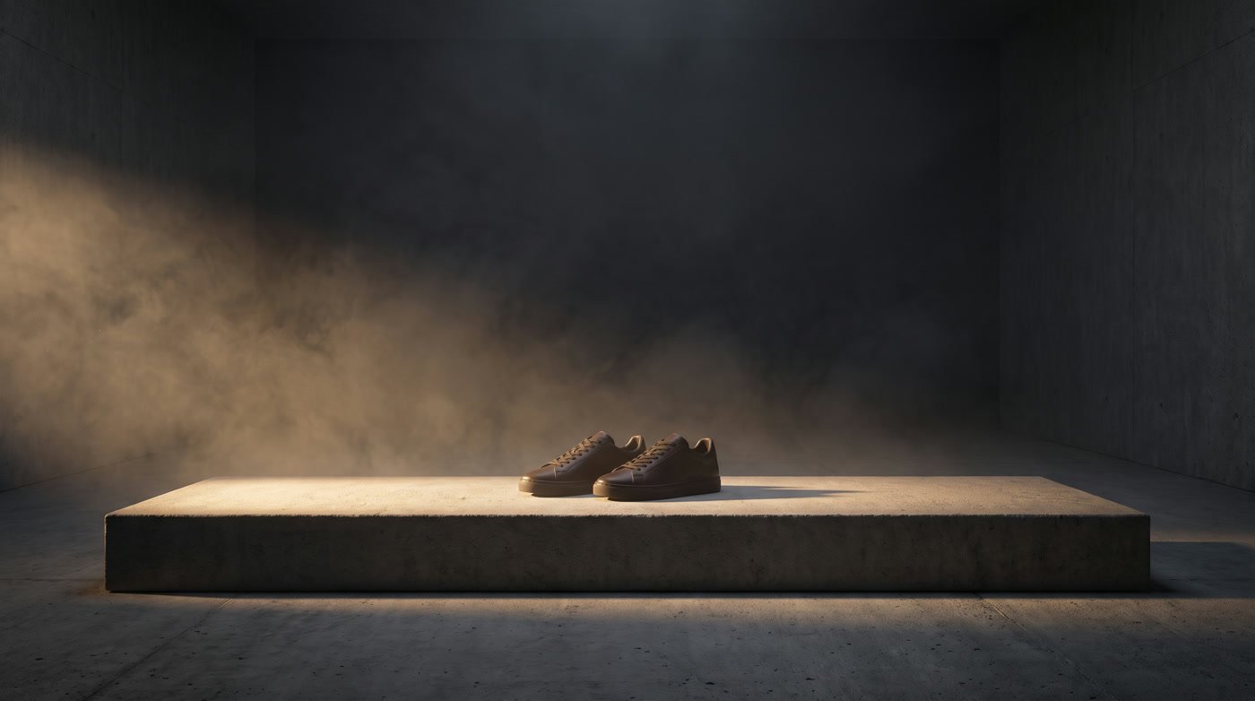 Two dark sneakers on a lit concrete platform